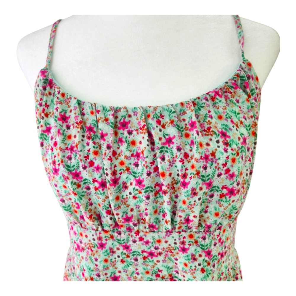 Crystal Doll Asymmetrical Floral Dress - Pink and Green Size: L